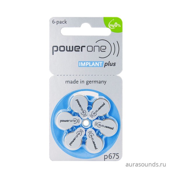 PowerOne  для кохлеарных имплантов p675 (PR44) implant plus, 1 блистер (6 батареек)