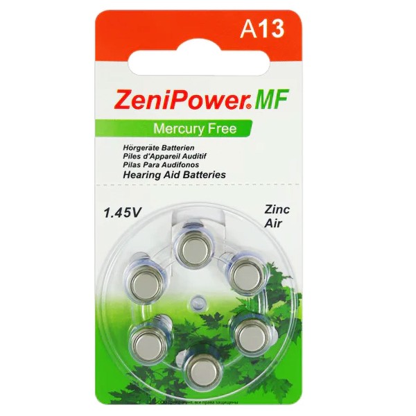 ZeniPower 13 (PR48) для слухового аппарата, 1 блистер (6 батареек)